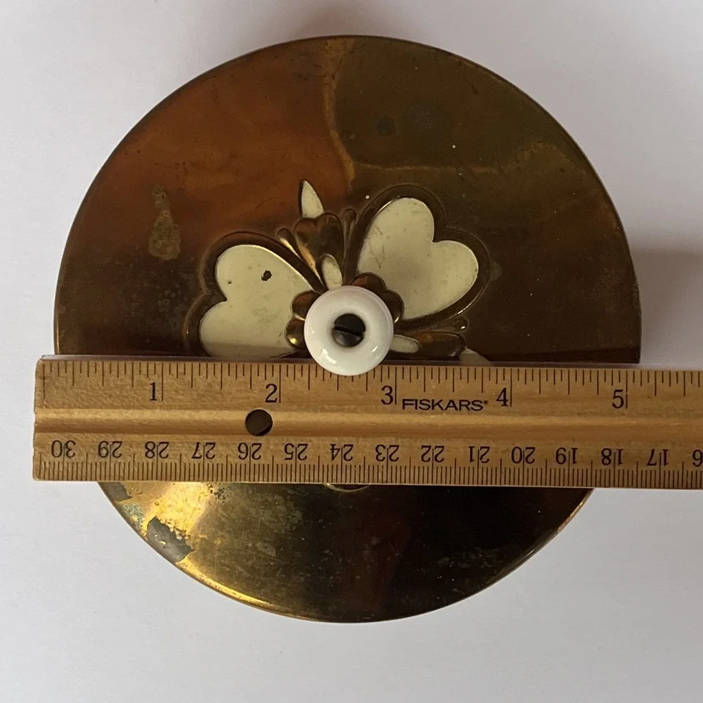 VTG Brass Powder Jar Heart Enamel Lid Glass Insert Vanity Trinket Box Glass Knob
